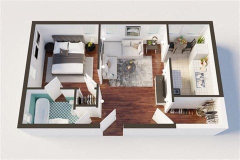 Floor plan for 1 bed, 1 bath, 600 sqft